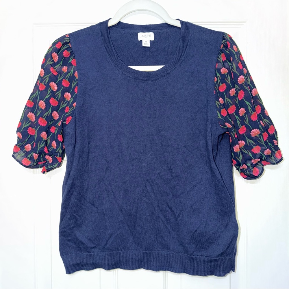J. Crew Navy Blouse with Floral Puff Sleeves